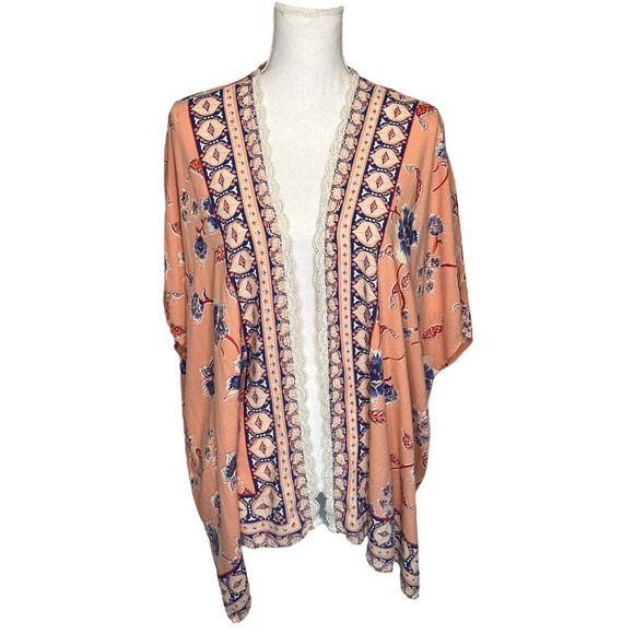 Angie Tops - Angie Kimono Womens M Boho Floral Print Open Cardigan Lace Trim Dolman Peach